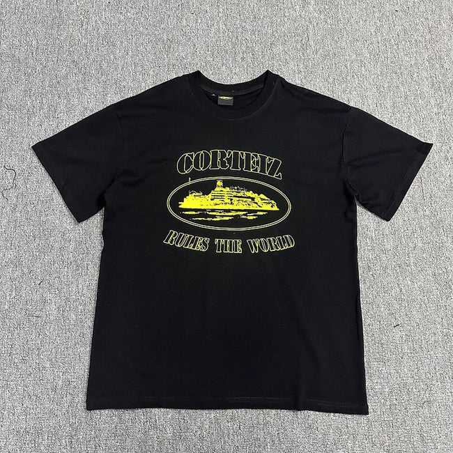 Yellow Graphic Print Black T-Shirt Unisex Streetwear Casual Short Sleeve Tee Hover Image