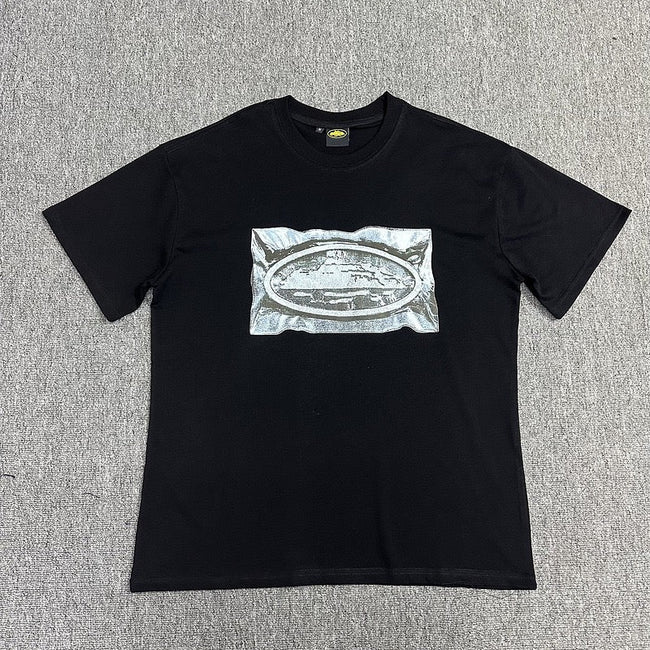 Silver Graphic Print Black T-Shirt Unisex Streetwear Casual Short Sleeve Tee Hover Image