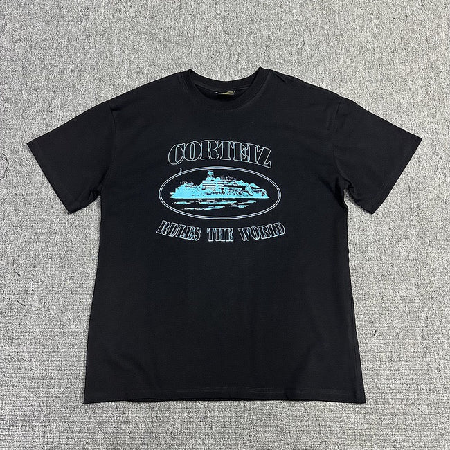Blue Graphic Print Black T-Shirt Unisex Streetwear Casual Short Sleeve Tee Hover Image