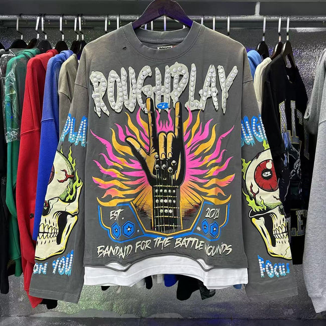 Vintage Rock Hand Skull Graphic Oversized Long Sleeve T-Shirt – Gray Hover Image