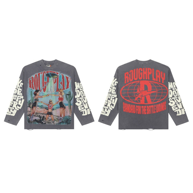 ROUGHPLAY Vintage Washed Graphic Oversized Long Sleeve T-Shirt Hover Image