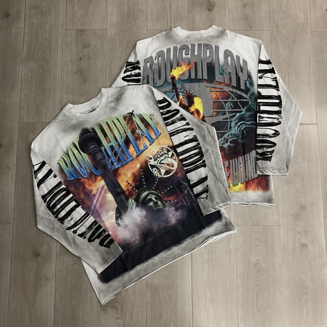 Vintage Washed Statue Graphic Oversized Long Sleeve T-Shirt Hover Image