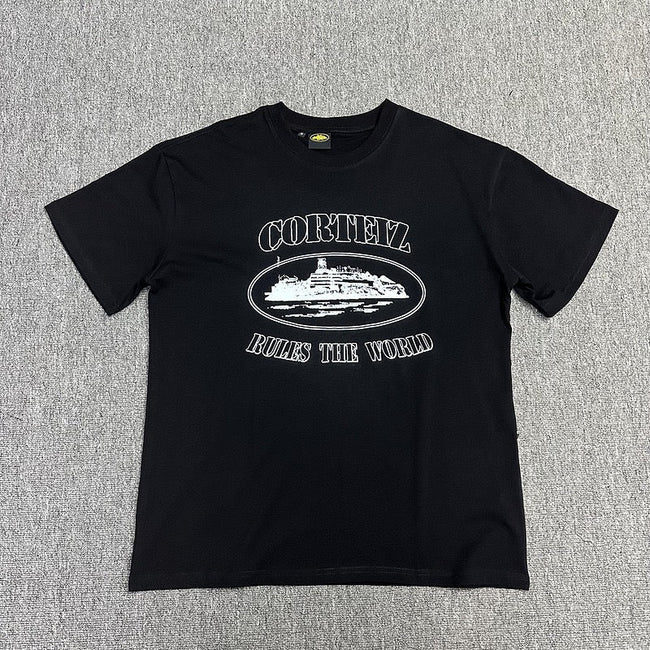 White Graphic Print Black T-Shirt Unisex Streetwear Casual Short Sleeve Tee Hover Image