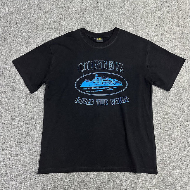 Blue Graphic Print Black T-Shirt Unisex Streetwear Casual Short Sleeve Tee Hover Image