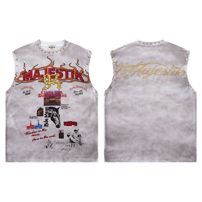 MAJESTIK Vintage Graphic Studded Tank Top Hover Image