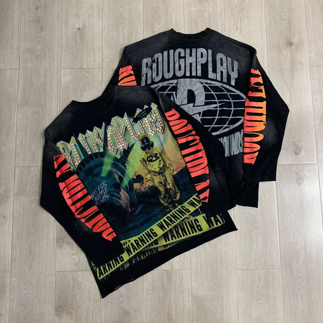 Vintage Washed Hazard Graphic Oversized Long Sleeve T-Shirt Hover Image