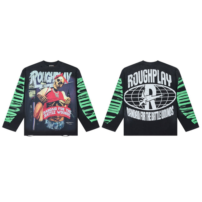 Vintage Washed Skull Graphic Oversized Long Sleeve T-Shirt Hover Image