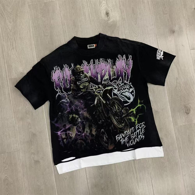 Vintage Motorcycle Graphic Oversized T Shirt Men Black Streetwear Short Sleeve Casual Tee Hover Image