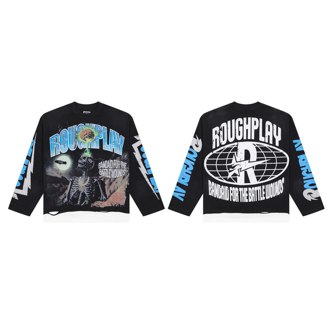 Men's Vintage Skeleton Graphic Oversized Long Sleeve T-Shirt – Retro Streetwear Cotton Tee Hover Image
