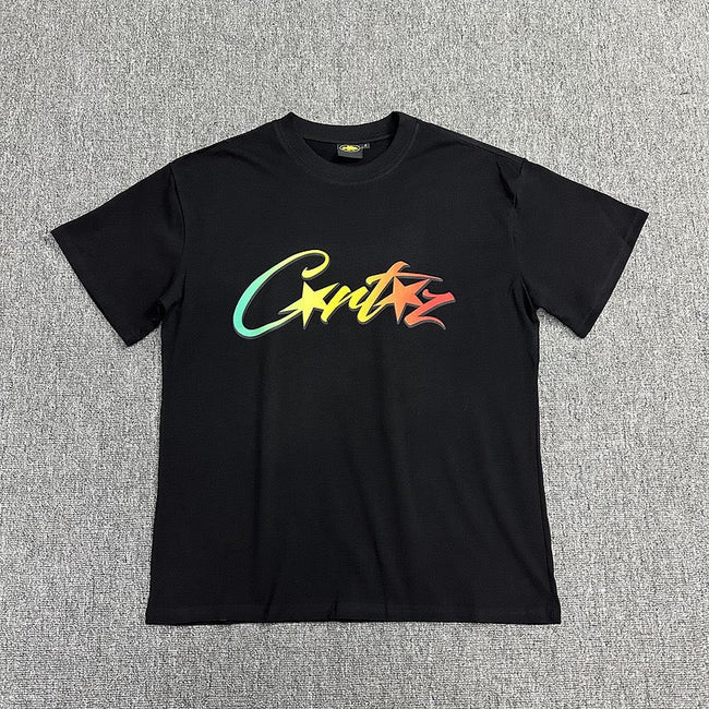 Rainbow Gradient Graphic Print Black T-Shirt Unisex Streetwear Casual Short Sleeve Tee Hover Image