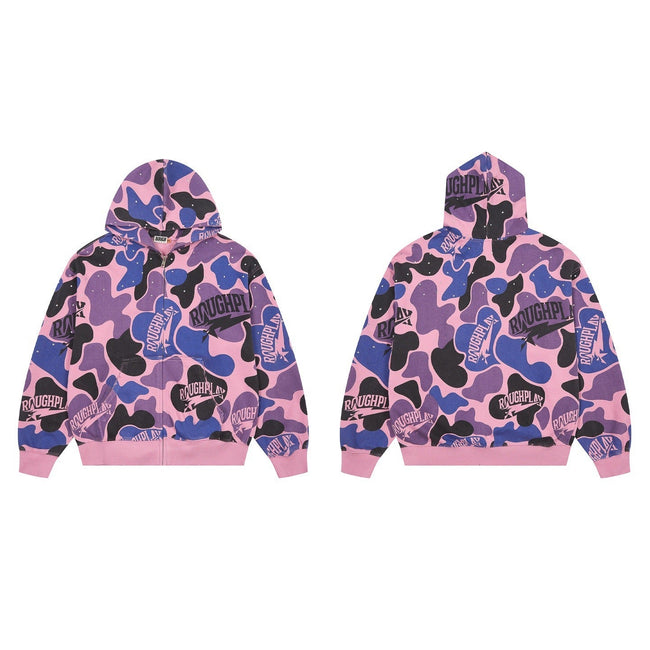 ROUGHPLAY Pink Camo Full Zip Hoodie – Oversized All-Over Print Streetwear Zip-Up Jacket Hover Image