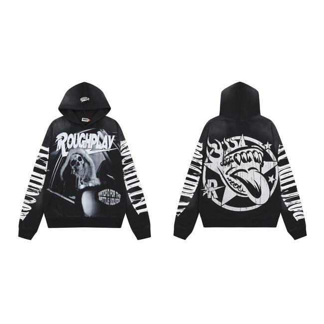 Men's Monochrome Skeleton Graphic Oversized Hoodie – Vintage Streetwear Pullover Sweatshirt Hover Image