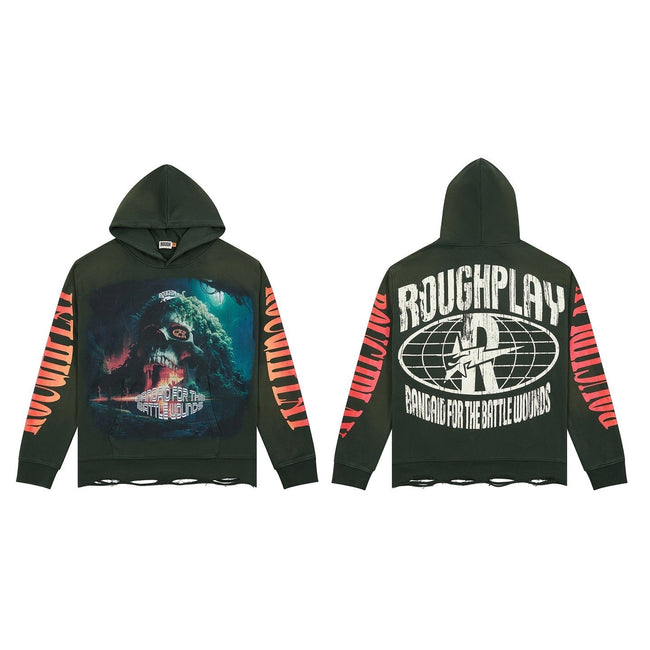 ROUGHPLAY Monster Graphic Oversized Hoodie – Vintage Distressed Streetwear Pullover Army Green Hover Image