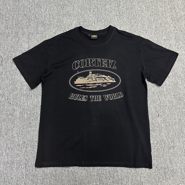Beige Graphic Print Black T-Shirt Unisex Streetwear Casual Short Sleeve Tee Hover Image