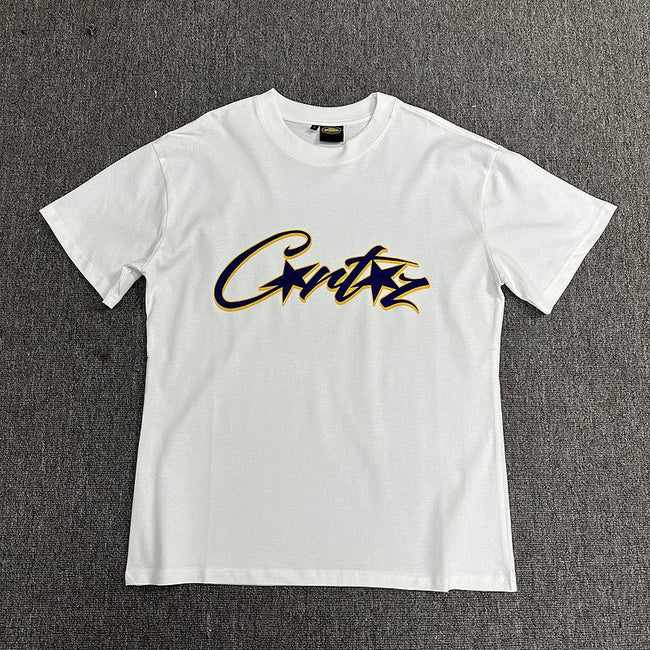 Navy Gold Graphic Print White T-Shirt Unisex Streetwear Casual Short Sleeve Tee Hover Image