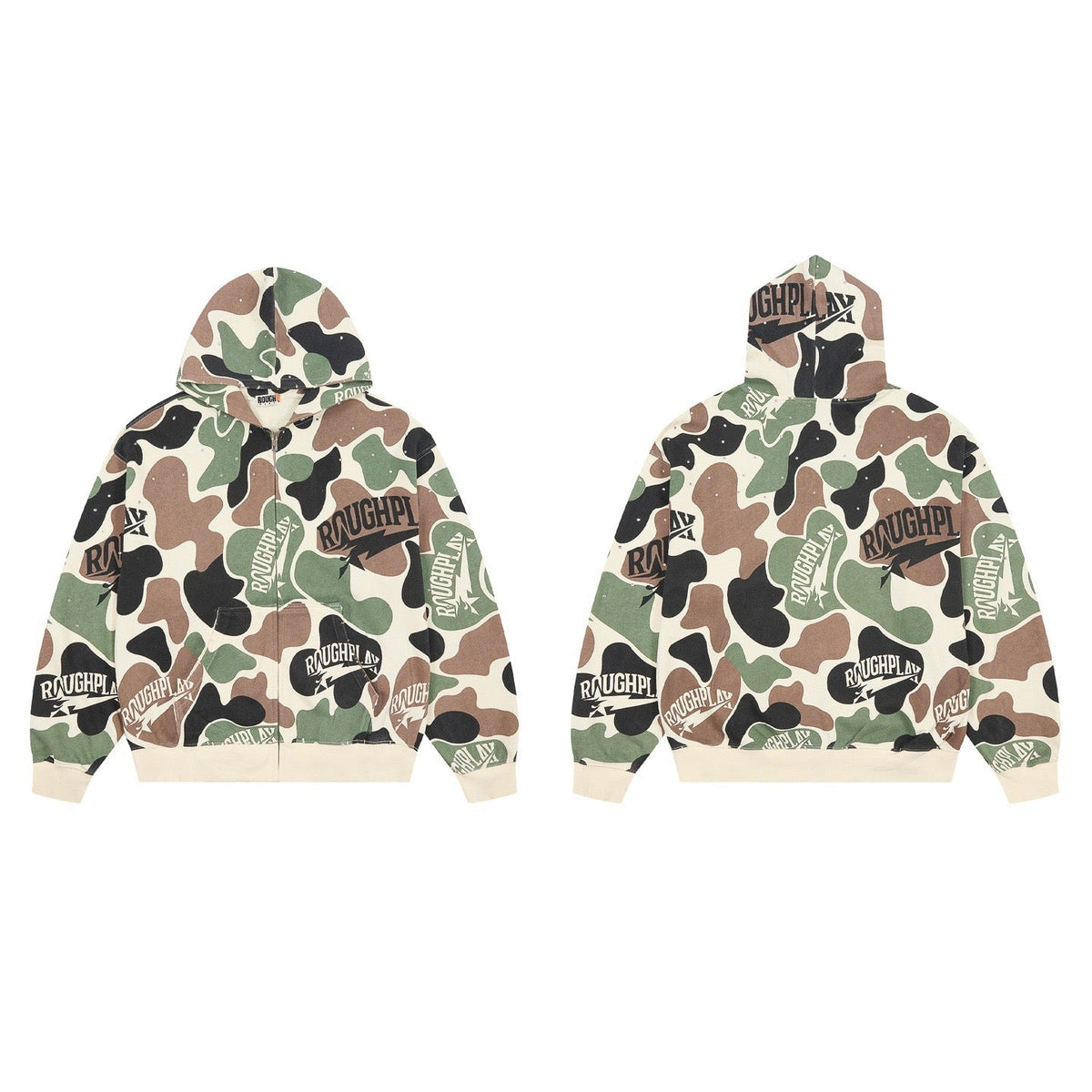 ROUGHPLAY Camo Full Zip Hoodie – Oversized All-Over Print Streetwear Zip-Up Jacket
