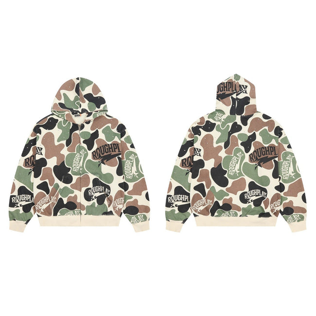 ROUGHPLAY Camo Full Zip Hoodie – Oversized All-Over Print Streetwear Zip-Up Jacket Hover Image