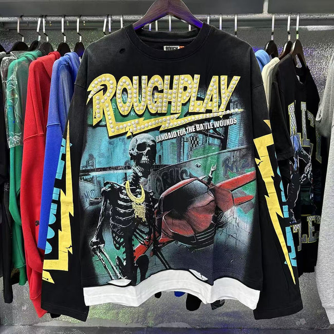 Vintage Skeleton Airplane Graphic Oversized Long Sleeve T-Shirt – Distressed Streetwear Cotton Tee Hover Image