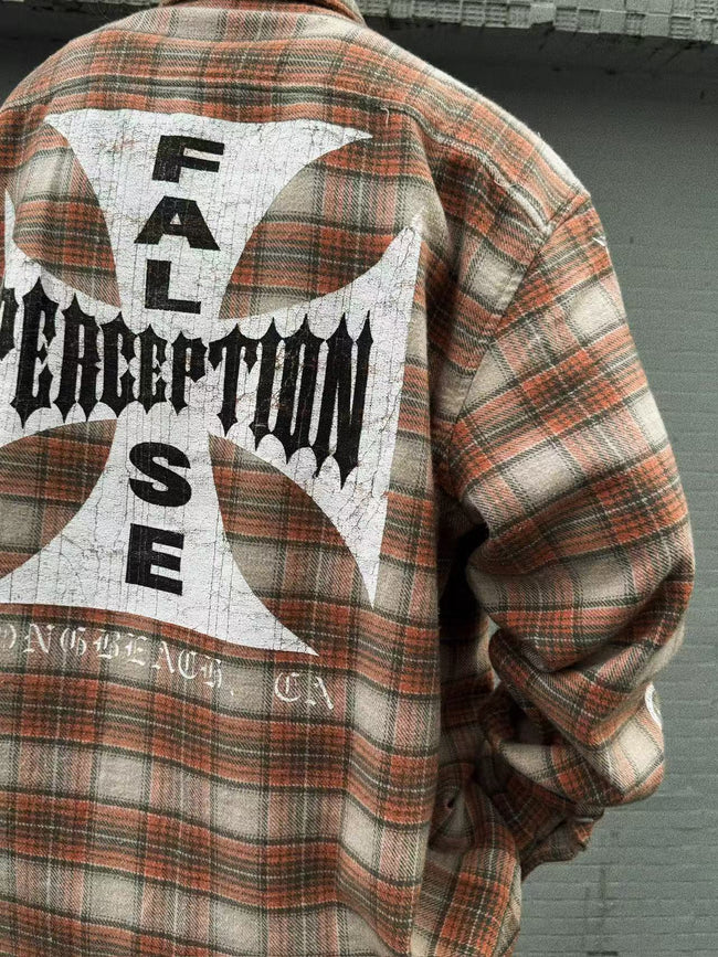 MIXED EMOTION Plaid Graphic Distressed Shirt Hover Image