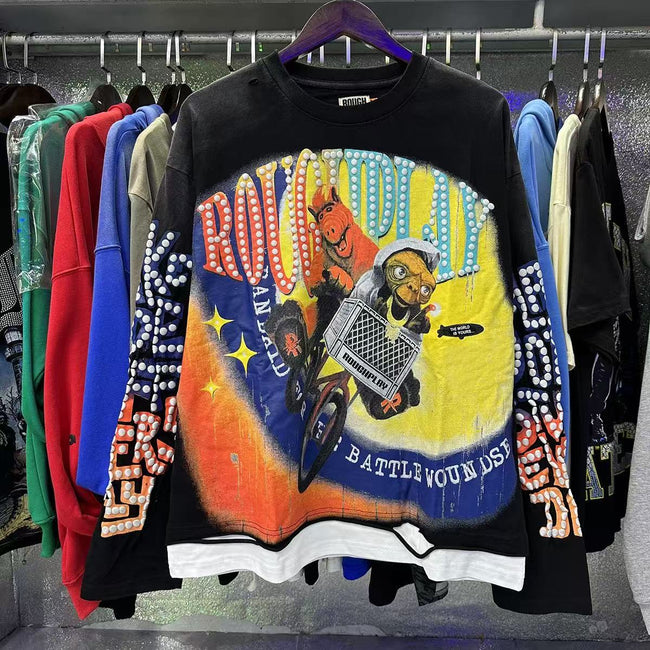 Vintage Cartoon Bicycle Graphic Oversized Long Sleeve T-Shirt – Rhinestone Y2K Streetwear Cotton Tee Hover Image