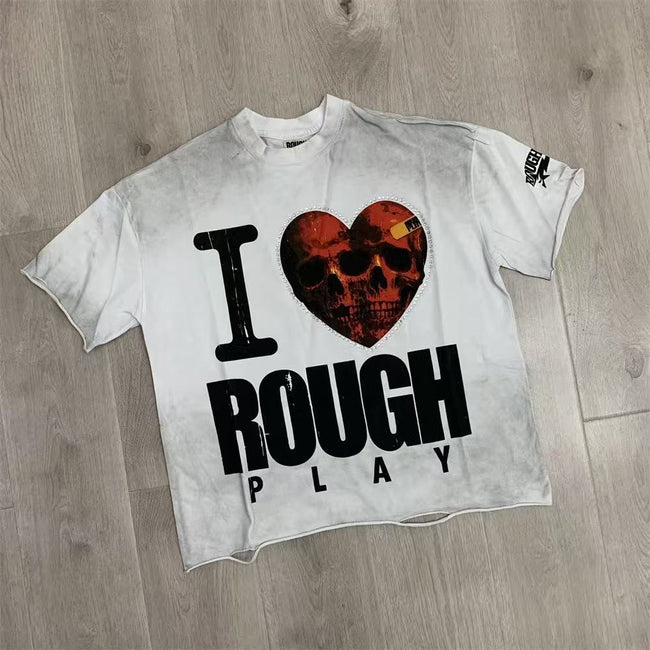 Vintage Skull Heart Graphic T-Shirt Men's Oversized Streetwear Short Sleeve Tee Hover Image
