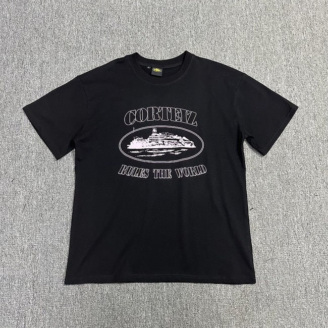 White Graphic Print Black T-Shirt Unisex Streetwear Casual Short Sleeve Tee Hover Image