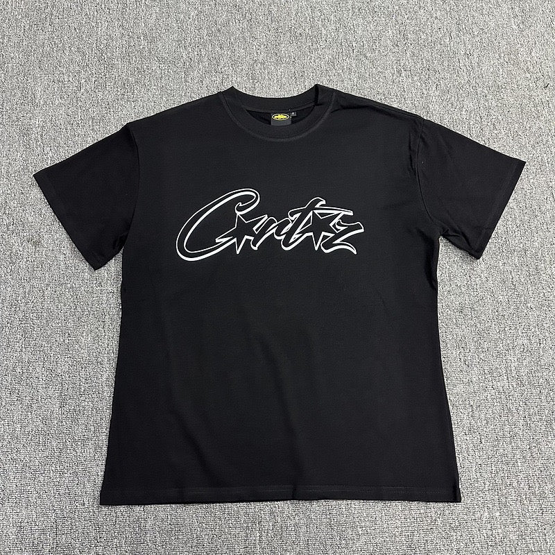 White Outline Graphic Print Black T-Shirt Unisex Streetwear Casual Short Sleeve Tee