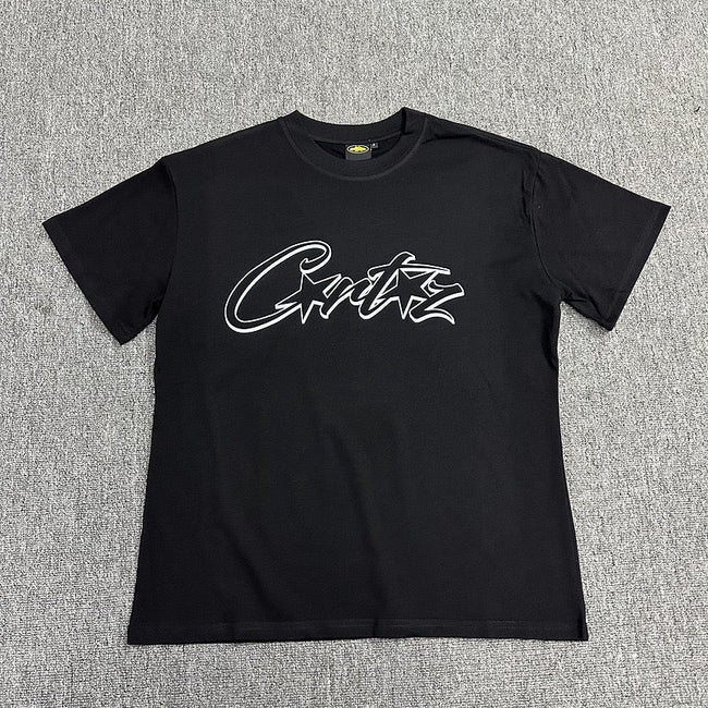 White Outline Graphic Print Black T-Shirt Unisex Streetwear Casual Short Sleeve Tee Hover Image