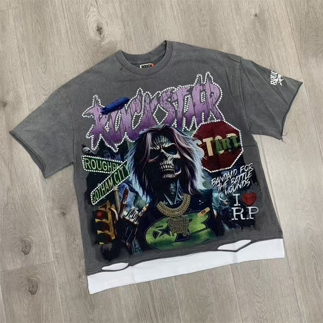 Vintage Skull Graphic Oversized T Shirt Men Washed Gray Streetwear Short Sleeve Tee Hover Image