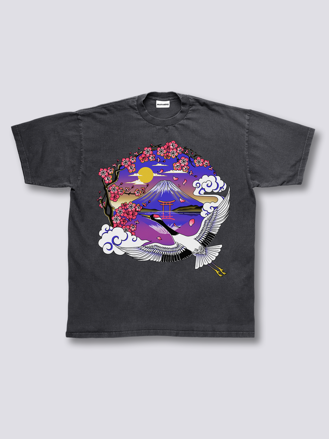 Front Print - Mount Fuji Crane Vintage T-Shirt Hover Image