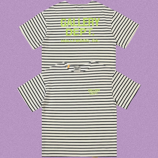 Gallery Dept. Striped Hollywood Logo Short Sleeve T-Shirt - Grey/White Hover Image