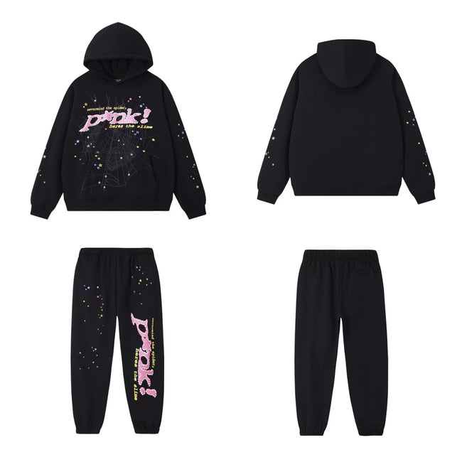 SP5DER Punk Web Graphic Pullover Hoodie and Sweatpants Matching Set - Black / Pink Hover Image