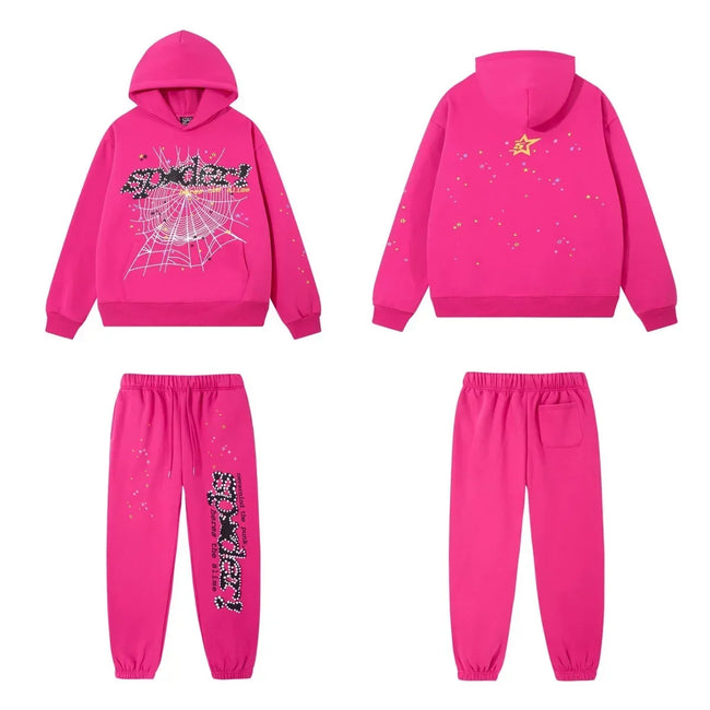 SP5DER Web Graphic Pullover Hoodie and Sweatpants Matching Set - Pink Hover Image