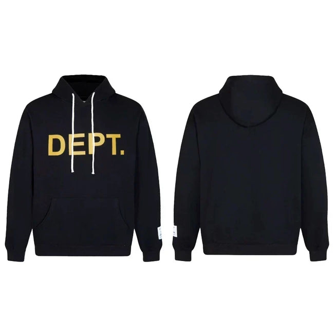 Gallery Dept. Black Hoodie – Bold “DEPT.” Gold Print Hover Image