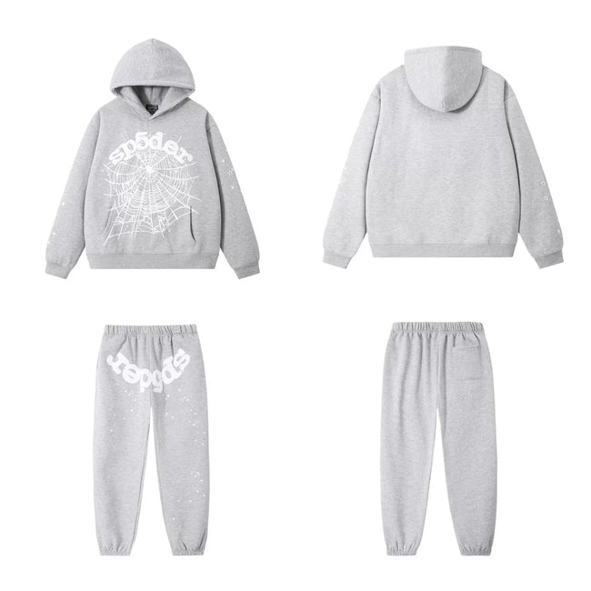 SP5DER Web Graphic Pullover Hoodie and Sweatpants Matching Set - Heather Grey Hover Image