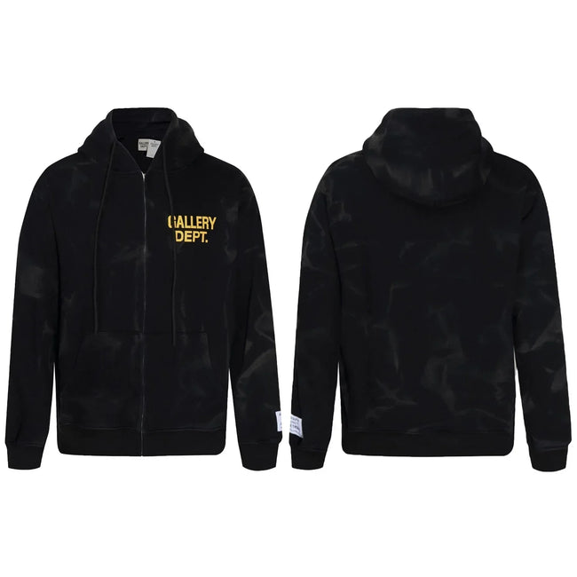 Gallery Dept Black Marble Tie‑Dye Yellow Logo Full Zip Up Hoodie Hover Image