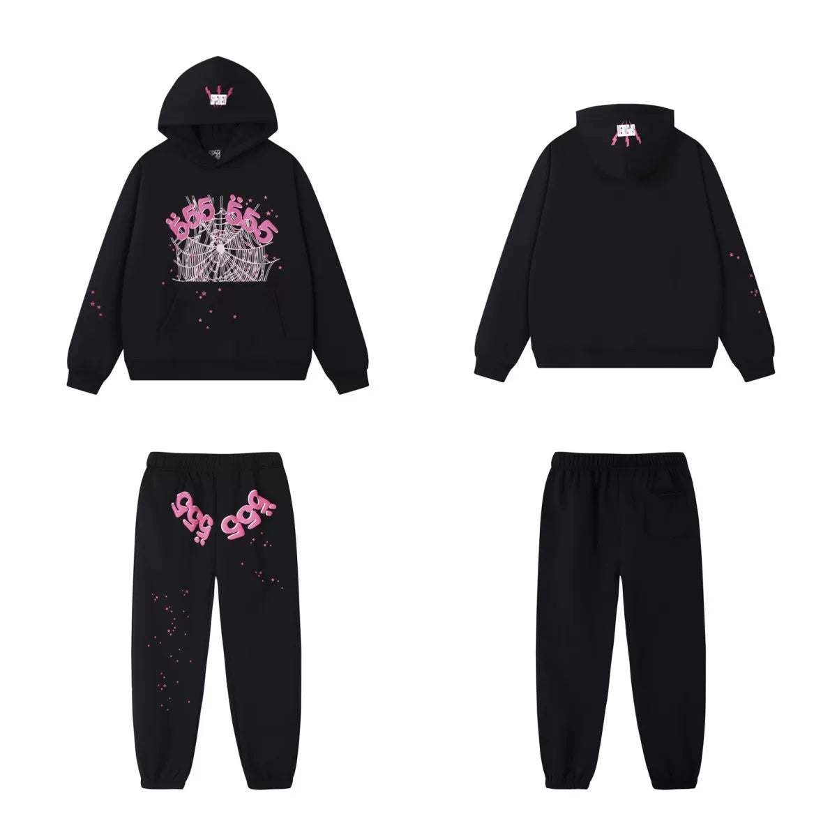 SP5DER Crown Graphic Pullover Hoodie and Sweatpants Matching Set - Black / Pink