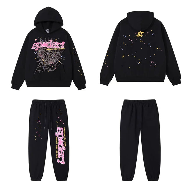 SP5DER Web Graphic Pullover Hoodie and Sweatpants Matching Set - Black / Pink Hover Image