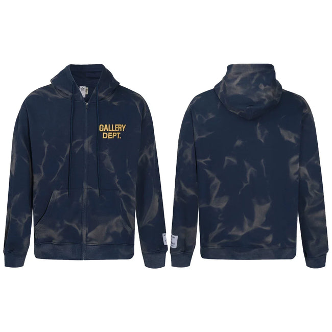 Gallery Dept. "Water Ripple" Zip Hoodie – Navy Blue Tie-Dye, Gold Logo Hover Image