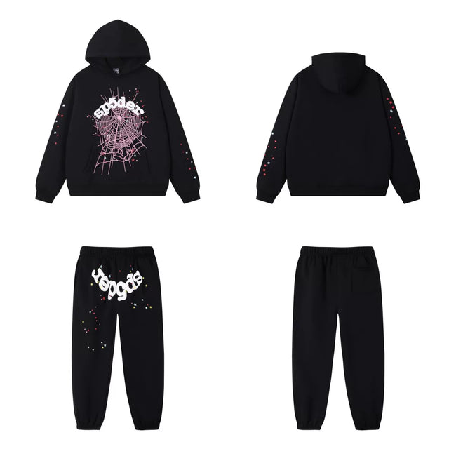 SP5DER Web Graphic Pullover Hoodie and Sweatpants Matching Set - Black / Pink Hover Image