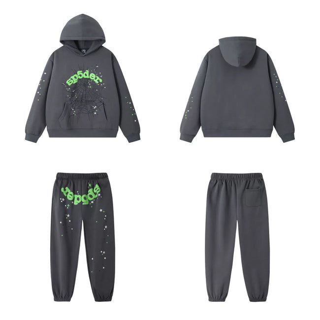 SP5DER Web Graphic Pullover Hoodie and Sweatpants Matching Set - Charcoal Grey / Neon Green Hover Image