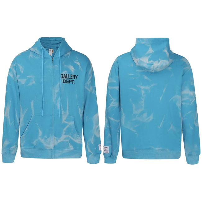 Gallery Dept Blue Marble Tie‑Dye Black Logo Full Zip Up Hoodie Hover Image