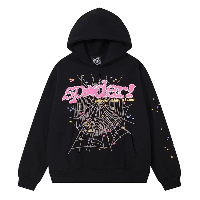 SP5DER Web Graphic Pullover Hoodie and Sweatpants Matching Set - Black / Pink Main Image