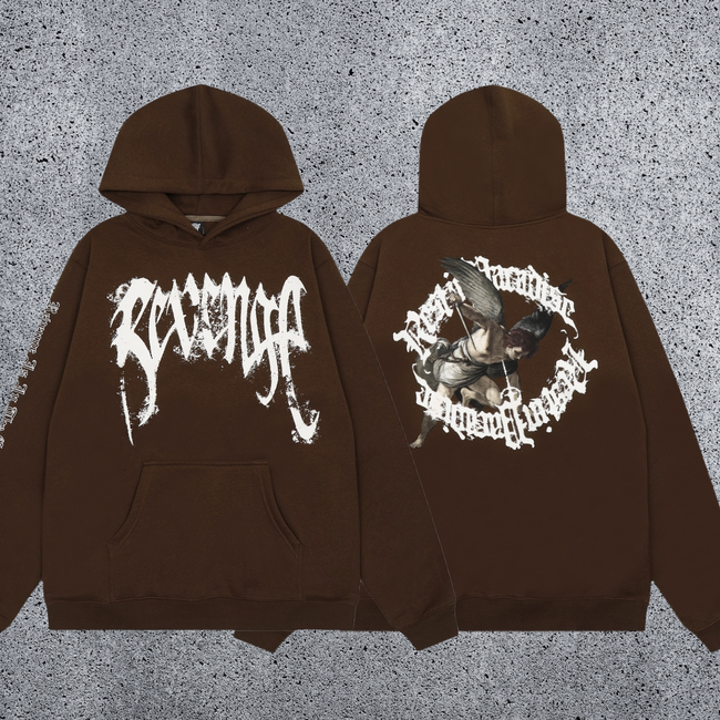 REVENGE Angel Graphic Fleece Hoodie – Brown Hover Image