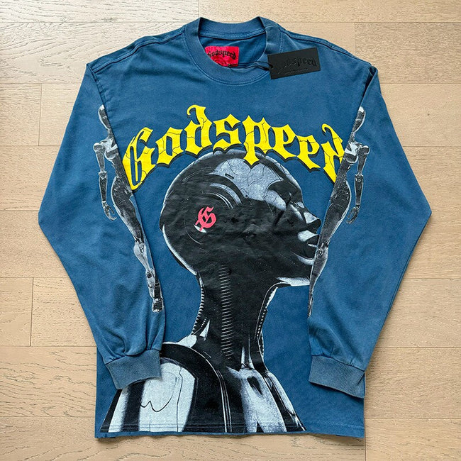 GodSpeed Washed Blue Gothic Graphic Long Sleeve T-Shirt Hover Image