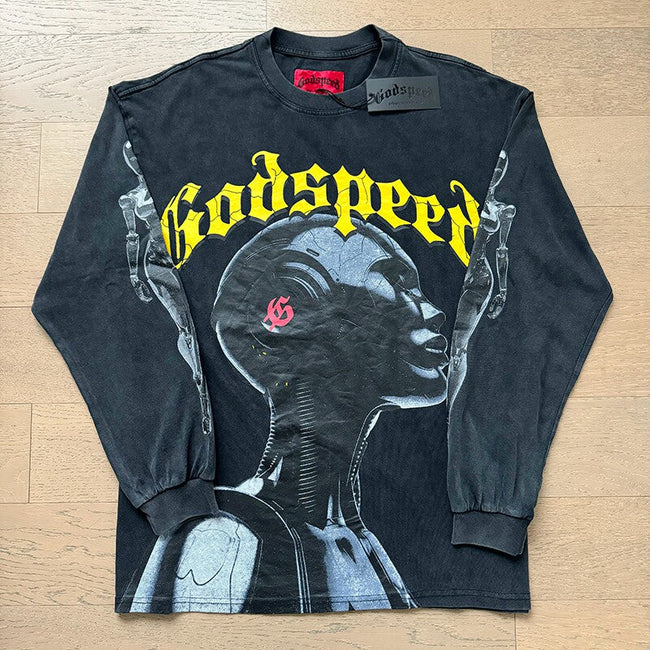 GodSpeed Washed Black Gothic Graphic Long Sleeve T-Shirt Hover Image
