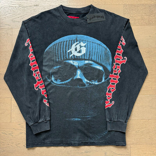 GodSpeed Washed Black Skull Graphic Long Sleeve T-Shirt Hover Image