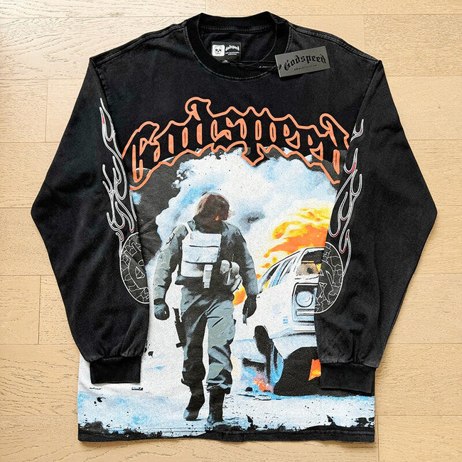 GodSpeed Washed Black Racing Graphic Long Sleeve T-Shirt Hover Image