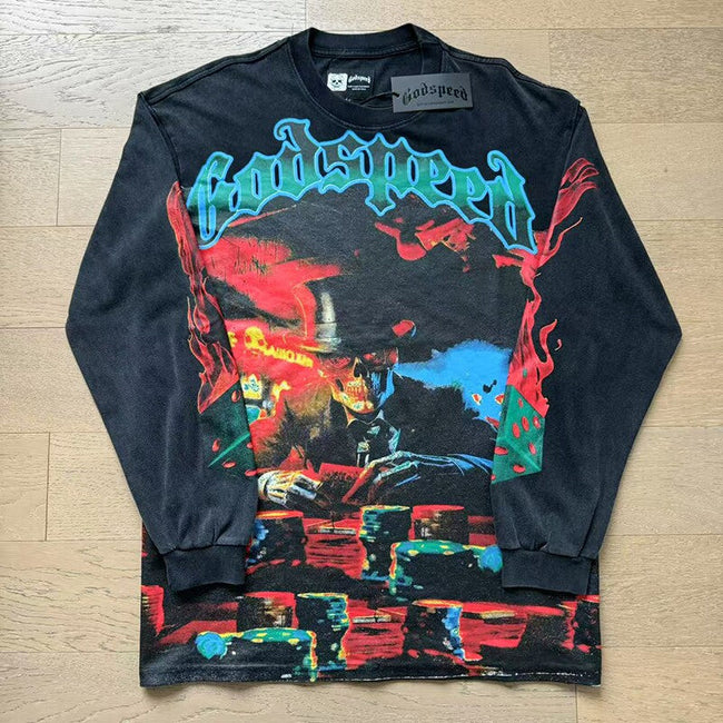 GodSpeed Washed Black Gothic Graphic Long Sleeve T-Shirt Hover Image