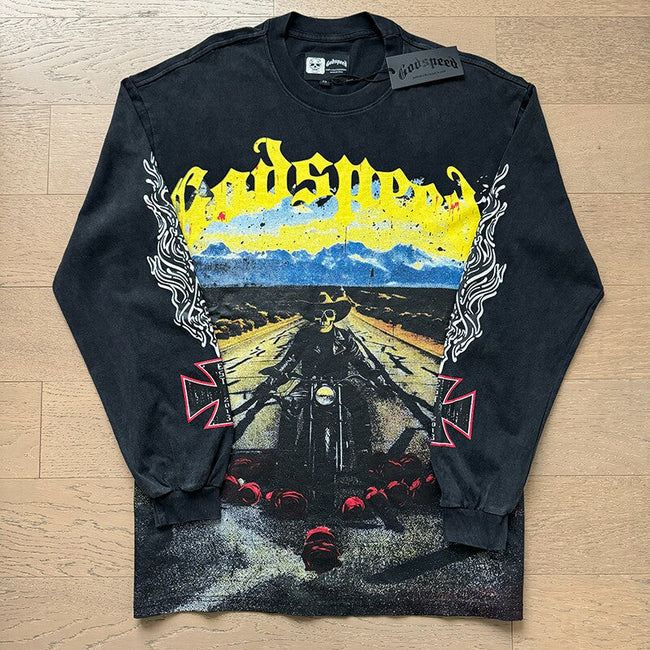 GodSpeed Washed Black Motorcycle Graphic Long Sleeve T-Shirt Hover Image